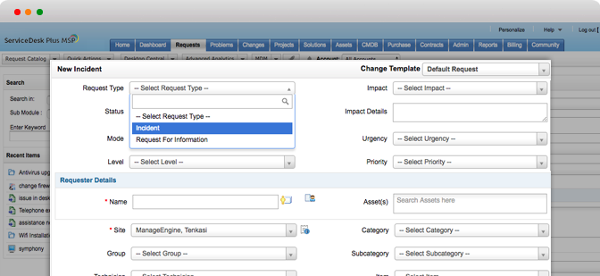 screenshot of ManageEngine ServiceDesk Plus MSP